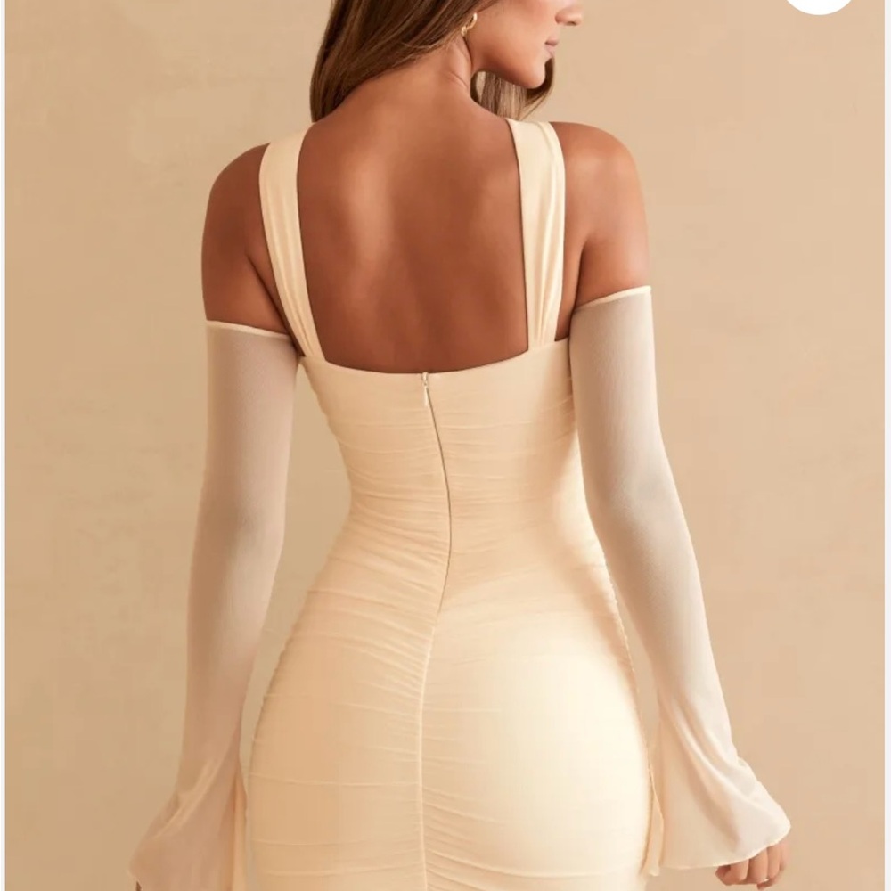 Cream Bodycon Dress with Halter Neck and Bell Sleeves - Picture 2 of 2